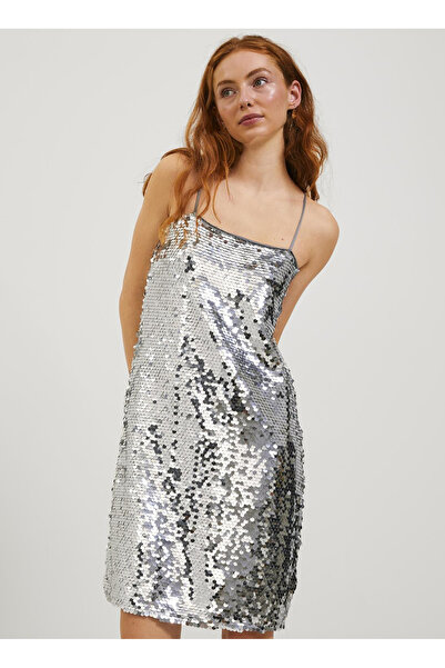 JJXX Klasik Yaka Payetli Gümüş Standart Kadın Elbise JXAVA SEQUIN STRAP SHORT DRESS WVN
