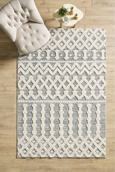 Carpettex Halı Yumuşak Bukle Tabanlı Modern kabartmalı 3D INKA örgü desenli Krem Gri Renkli Halı