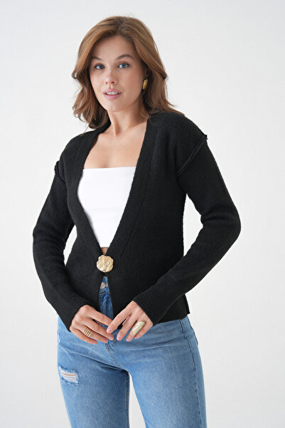 bayansepeti Black Shardon Yarn Gold Button and Reverse Stitch Design Shardon Black Cardigan 3481