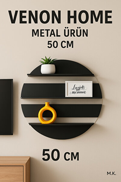 VENON 50 Cm Siyah Bölmeli Daire 4 Katlı Duvar Rafı Dekoratif Yuvarlak Modern Duvar Sanatı