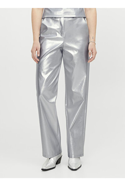 JJXX Orta Bel Rahat Gümüş Kadın Pantolon JXMARY HW FAUX LEATHER PANTS FL NOO