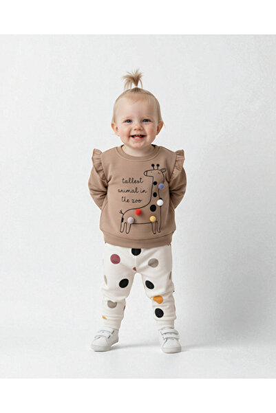 Ege Bebek Baby Girl Pompom Giraffe Printed 3-18 Months Seasonal 2-Piece Botto...