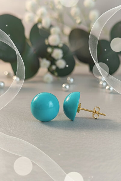 bymissmücevherat 12 mm Turkuaz Taşlı Büyük Küpe – 925 Ayar Gümüş, 14K Gold Kaplama |