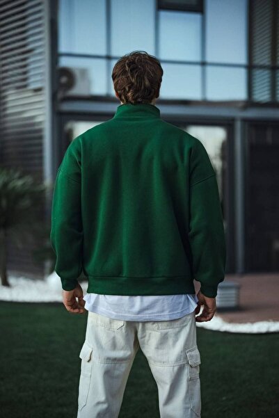 İLKCET MODA Πράσινο φούτερ με φερμουάρ Oversize Unisex