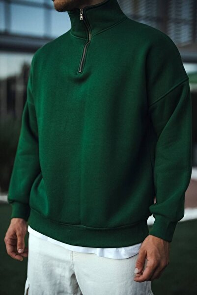 İLKCET MODA Πράσινο φούτερ με φερμουάρ Oversize Unisex