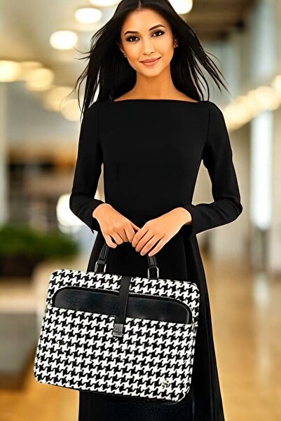 QUB CLUB Women's Black and White Houndstooth Briefcase Laptop 15 & 15.6 Inch Bag