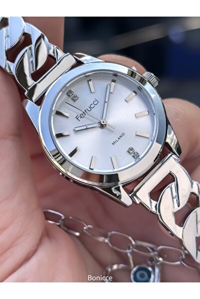 Ferrucci سوار فولاذي فضي اللون، ساعات يد نسائية + سوار