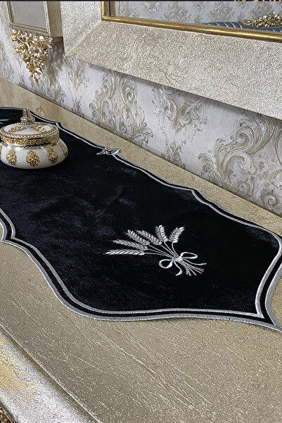 NAKIŞHAN Başak Kadife Özel Nakışlı Runner-Siyah/Gri