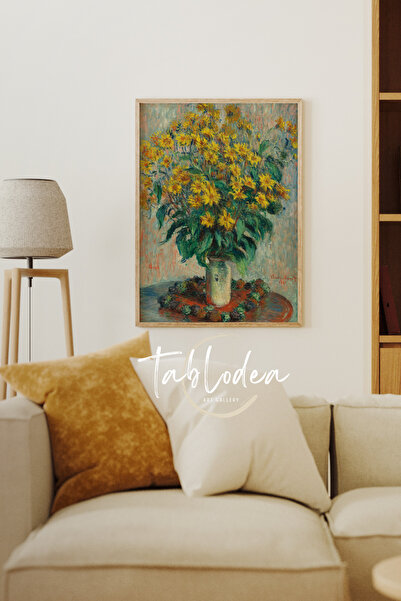 tablodea Claude Monet, Jerusalem Artichoke Flowers, Ahşap Çerçeveli Tablo, Çiçekli Vintage Poster Tablo