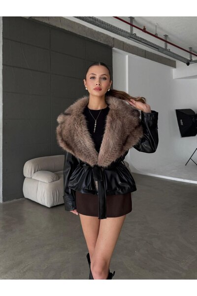 Miss Beyoğlu Jachetă din piele cu guler lat Rena Kürklü