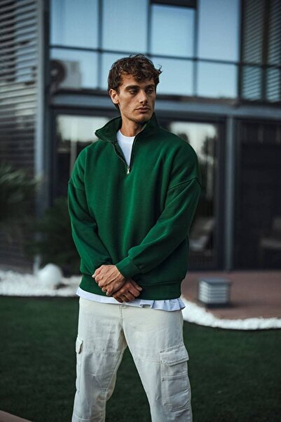 İLKCET MODA Πράσινο φούτερ με φερμουάρ Oversize Unisex