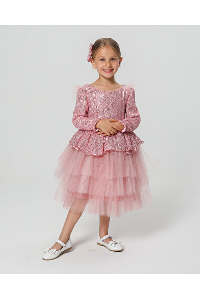 miço kids Peplumlu Omuz Tüylü Kız Çocuk Abiye Elbise Pembe