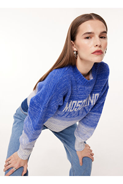 Moschino Jeans Bisiklet Yaka Normal Baskılı Mavi Kazak Kadın J0919