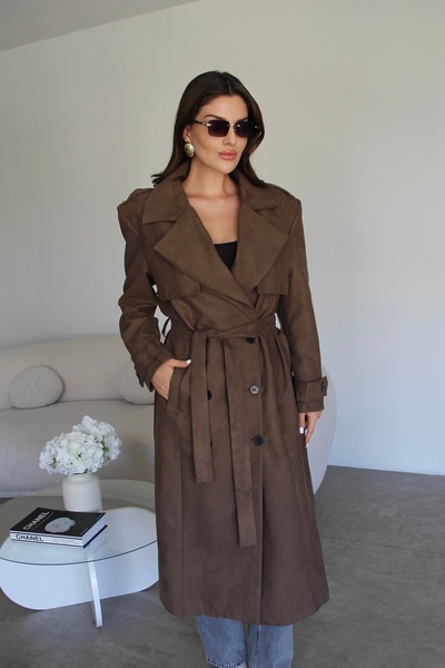 Julidress Mink Double-Breasted Collar Lined Belted Long Premium Suede Trench Coat