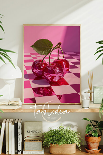 tablodea Modern Abstract Geometrik Desenli Çerçeveli Poster Tablo, Retro Kirazlı Dekoratif Minimalist Tablo