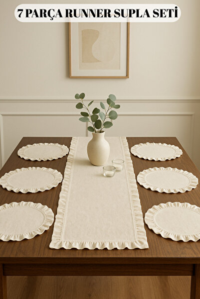Morlay 7 Parça Fırfırlı Sofra Sunum Seti 6 Adet Amerikan Servisi Supla + 1 Adet Fırfırlı Runner - 40x110 cm
