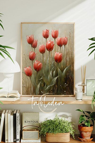 tablodea Tablou cu poster cu flori de lalele roșii în stil pictură în ulei vi...