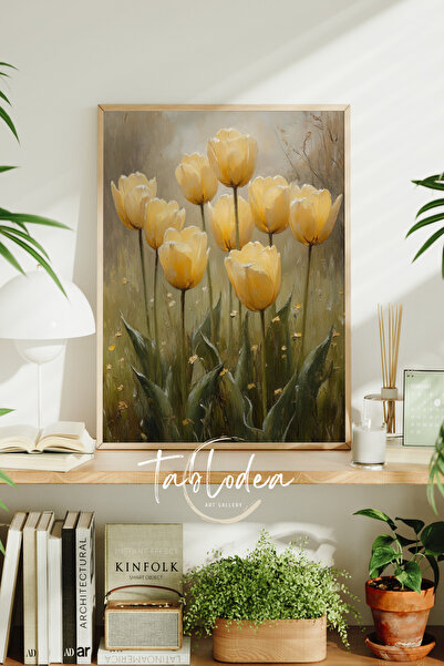 tablodea Pictură în ulei cu aspect vintage, lalele galbene, tablou cu poster ...