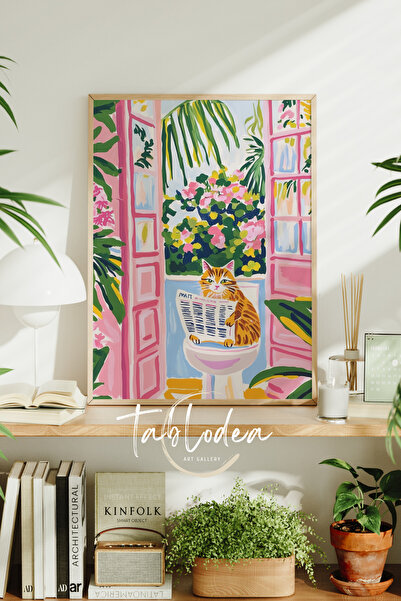 tablodea Kedili Banyo Çerçeveli Poster Tablo, Kedili Wc Soyut Dekoratif Moder...