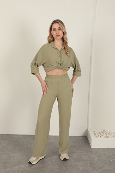 AsHK بنطال نسائي كاكي Ayrobin بخصر مطاطي وخصر عالي وأرجل واسعة