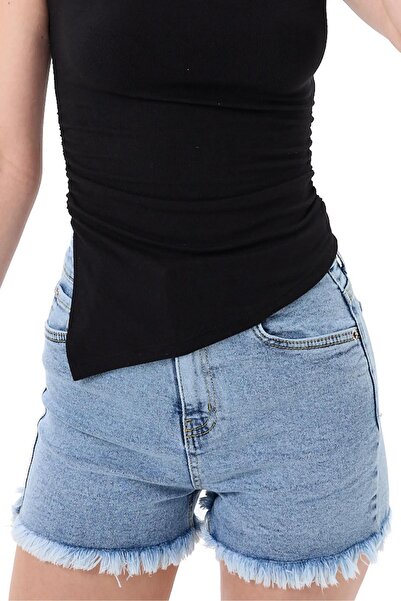 vesantia Mavi Kadın Yüksek Bel Püsküllü Paça Detaylı Likralı Kot Şort