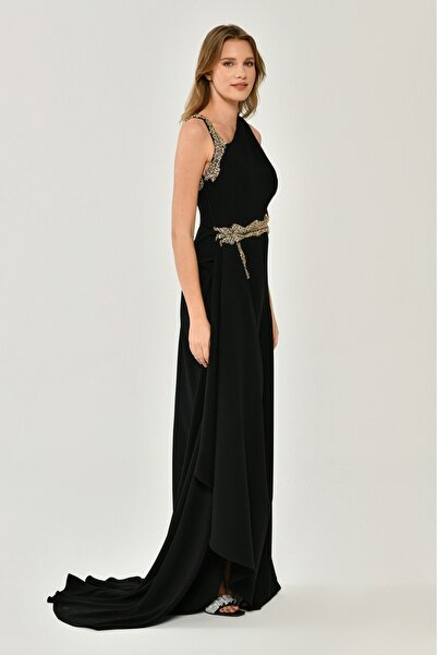 ALFABETA KADIN ABİYE KADIN ABİYE TEK KOL İŞLEME DETAYLI TAŞ AKSESUARLI A KESİM ŞIK UZUN ELBİSE