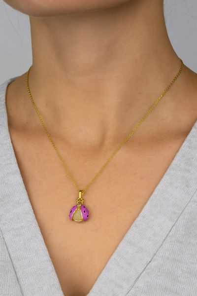 özgül takı ve tasarım Stainless Steel Gold Color Purple Colorful Ladybug Women's Necklace