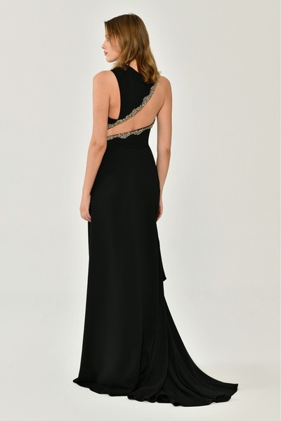 ALFABETA KADIN ABİYE KADIN ABİYE TEK KOL İŞLEME DETAYLI TAŞ AKSESUARLI A KESİM ŞIK UZUN ELBİSE