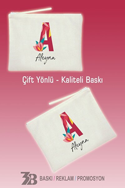 3B BASKI REKLAM PROMOSYON Kişiye Özel Isimli Keten El Çantası/makyaj Çantası-...