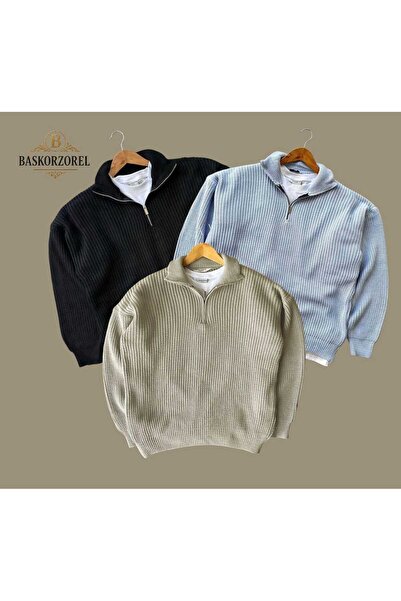 baskor zorel 3 Adet yarım fermuar selanik örme kışlık erkek triko kazak