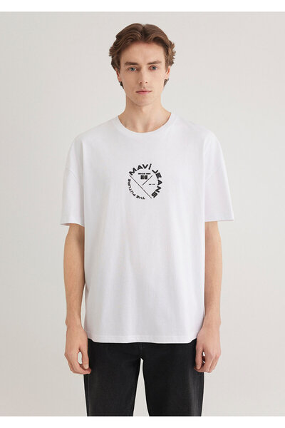 Mavi Λευκό T-shirt - Τζιν εμπριμέ στην πλάτη, φαρδιά κοπή 0611719 -620