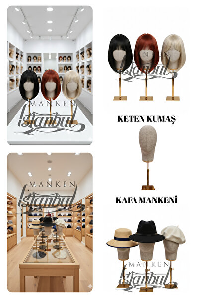 Manken İstanbul Özel Gold Standlı Kafa Mankeni Peruk Mankeni Aksesuar Mankeni