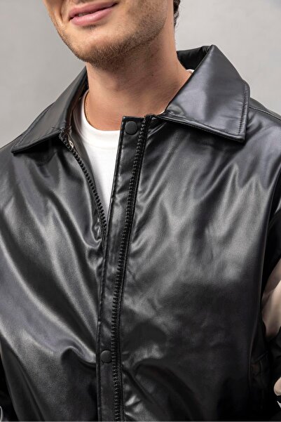 Valiberta Jachetă pentru bărbați Burton, cu aspect de piele, cu mâneci garnite și fermoar rapid - negru ecru