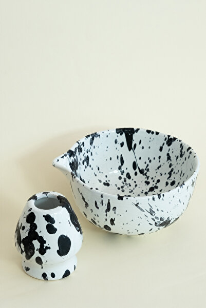 Beige & Stone Ceramic Matte Black Speckled Matcha Bowl and Whisk Holder Set