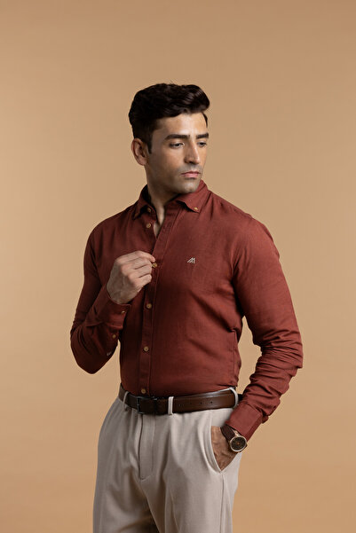 Mannerism The Vibrant Pop – Rust Red Linen Shirt with Bold Color Energy, Comfort Fit