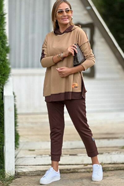 JANES Νέα σεζόν Γυναικείο καφέ κοστούμι με κουκούλα με λεπτομέρεια στο κάτω μέρος της φούστας Arma δύο τεμαχίων