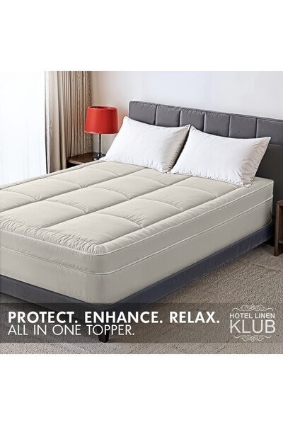 Hotel Linen Klub Premium Fitted-Style Mattress Topper 9cm/800GSM with deep pocket and all around elastic – Stone