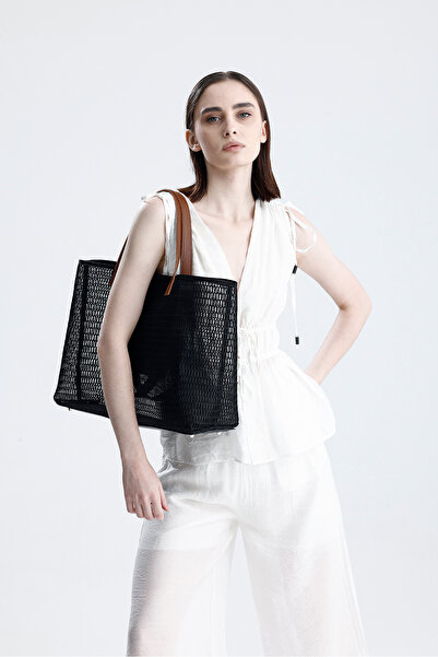 HEYBE'S Women's Black Honeycomb Pattern Transparent Large Size Beach and Shopping Shopper Tote Shoulder Bag