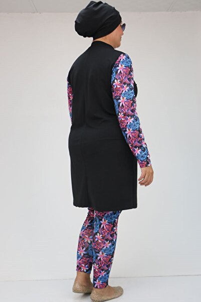 Eslina F-1729 Μαγιό Μακρυμάνικο Τζινάκι Μεγάλου Μεγέθους - Μαύρο - Φούξια