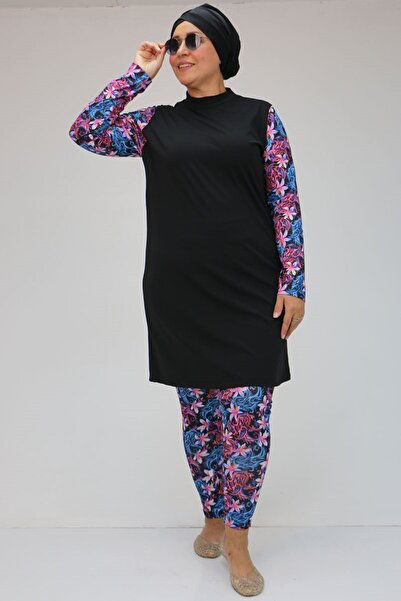 Eslina F-1729 Μαγιό Μακρυμάνικο Τζινάκι Μεγάλου Μεγέθους - Μαύρο - Φούξια