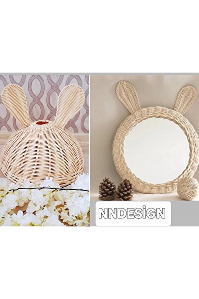 nndsgn Rattan Bambu Panda kulak Avize Ayna (Beyaz duy ile gönderim olacaktır)