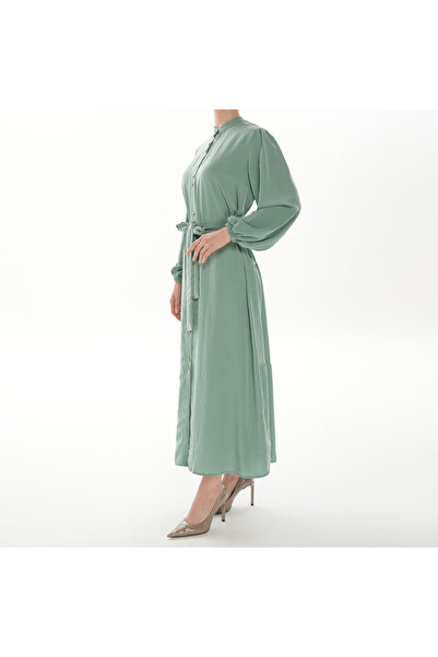 BZ BUTİK Aişe Water Green Buttoned Belted Hijab Dress
