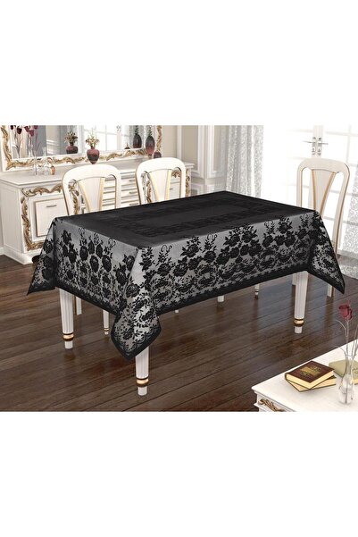 WENESSİ Örme Tül Kumaş Güllü Desenli Masa Örtüsü 160x160 (SİYAH)