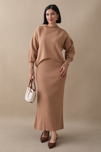 InStyle Balon Kollu Elbiseli Camel Triko Takım