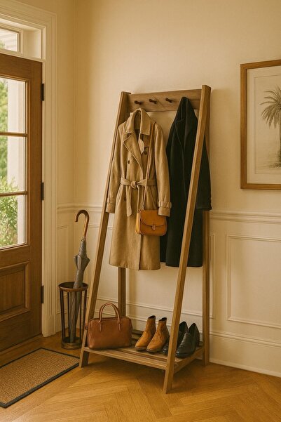 pinoxi Kahverengi Doğal Ahşap Vestiyer Askılık Ayakkabılık 155x77x40 Cm