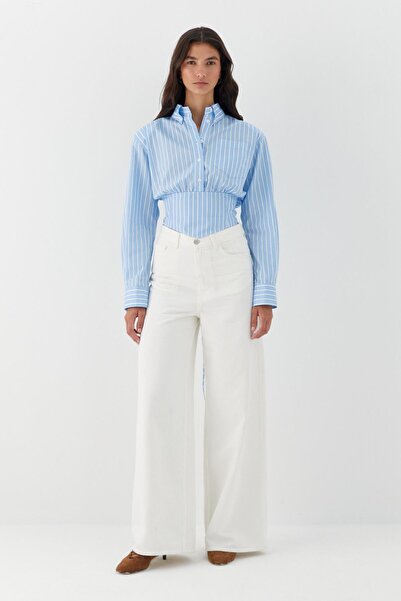 MARKALİSTE Corset detailed striped poplin shirt light blue