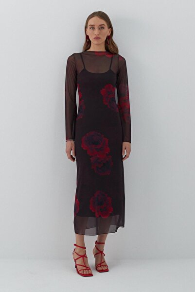 MARKALİSTE Довга шифонова сукня з підкладкою та принтом троянд, червона