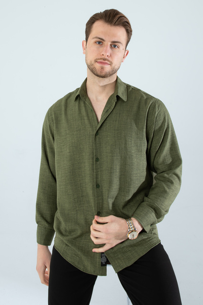 YXC Trend Maker Erkek Keten Dokulu Oversize Açık Haki Erkek Gömlek