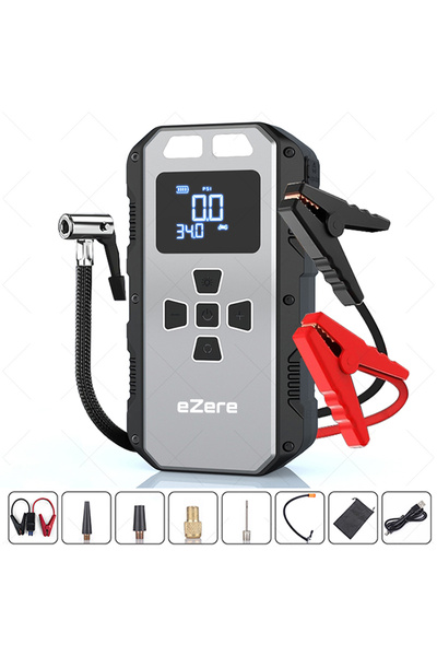 EZERE 4 in1 8000mAh Lastik Sisirme Pompası, Powerbank Ve Starter Akü Takviye Seti SİYAH