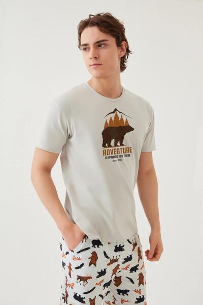 koza iç giyim Men's Short Sleeve Cotton Teddy Bear Pattern Pajama Set